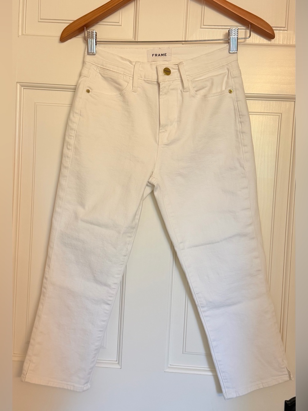 Frame Denim White Straight-Leg Jeans with Gold-Tone Accents